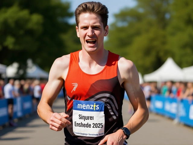 Ties van den Hurk wint de 28e Singelloop Enschede in een zenuwslopende sprint